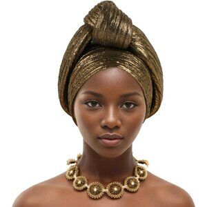 African Women Turban Caps Beanie Knotted Head Wraps Solid Gold Fashion